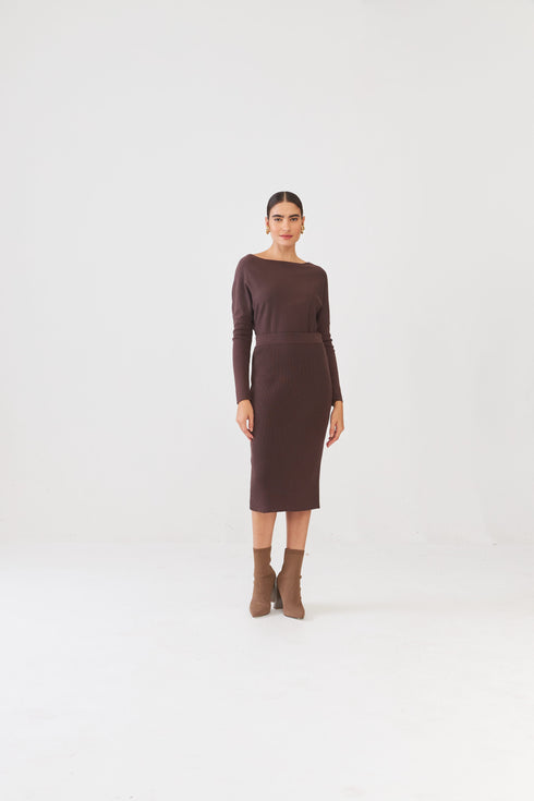 Saia Midi Reta Em Tricot Canelado Cafe